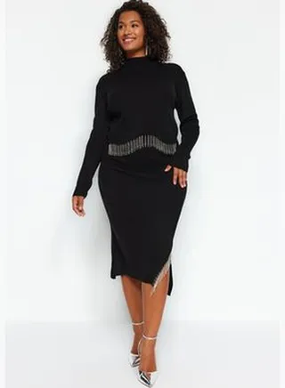 Black Stone Detailed Knitwear Top and Bottom Set TBBAW24CP00000