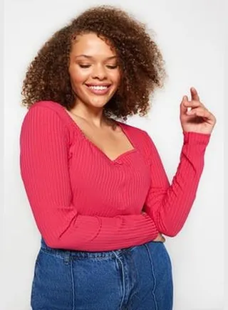 Pink Knitted Square Collar Zippered Blouse TBBSS22AF0027
