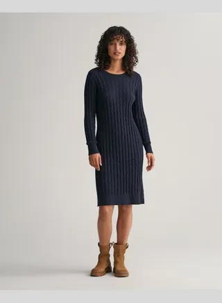 Stretch Cotton Cable Knit Crew Neck Dress