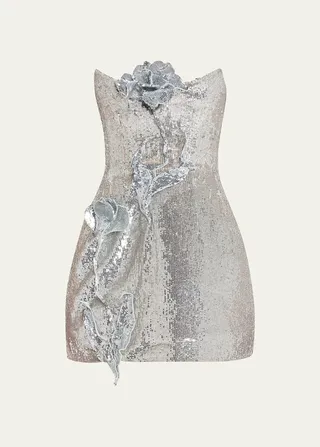 Tulip Applique Sequined Strapless Mini Dress