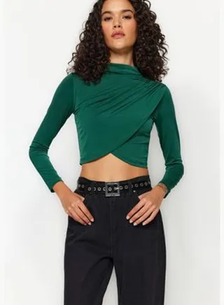 Emerald Green High Collar Draped Crop Top TWOAW24BZ00164