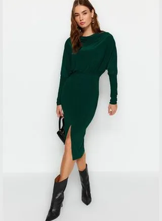 Emerald Green Clad Collar A-Line / A-Line Formal Midi Stretch Knit Dress with a Slit TWOAW24EL00822.