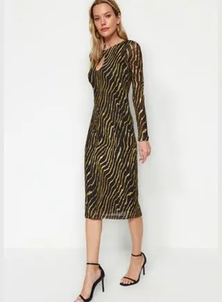 Yellow Special Textured Cut Out/Window Detail Fitted Midi, Stretch Knit Dress TWOAW24EL00227
