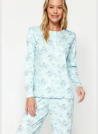 Mint Floral Tshirt-Pants and Knitted Pajamas Set THMAW24PT00202