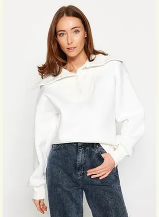 Ecru Thick Fleece Regular/Normal Fit Knitwear Detail High Neck Knitted Sweatshirt TWOAW24SW00396