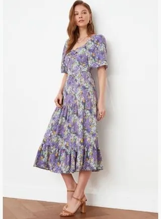 Purple A-Line Midi Floral Print Dress with Balloon Sleeves TWOSS20EL2323