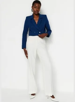 Navy Blue Crop Woven Blazer Jacket TWOAW24BC00023