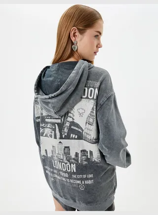 Washed Effect Hoodie Relax Cut Brushed Interior Back Printed Cotton