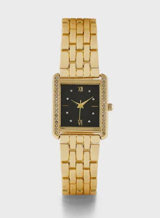 Rhinestone Square Dial Metal Strap Analogue Watch