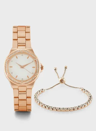 Rhinestone Dial Watch & Bracelet Gift Set