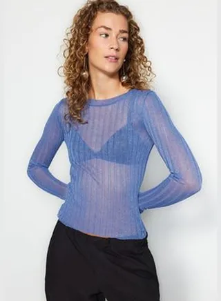 Indigo Sheer Look Turtleneck Knitwear Sweater TWOAW24KZ01183