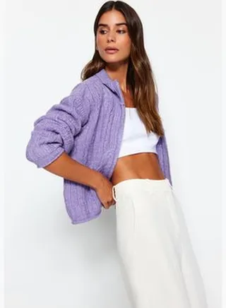 Lilac Soft-textured Sweater Cardigan with Zipper and Braids TWOAW24HI00202.