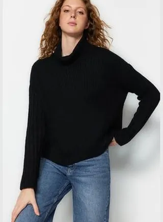 Black Wide Fit Soft Textured Knitwear Sweater TWOAW24KZ00086