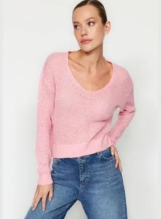 Pink V-Neck Knitwear Sweater TWOAW24KZ01263