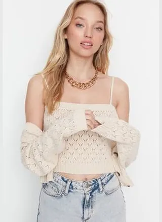 With Stone Openwork/Perforated Button Detail Blouse- Cardigan Knitwear Suit TWOSS20HI0034