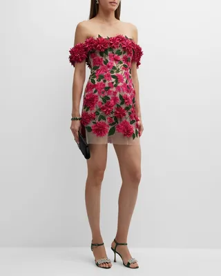 Off-The-Shoulder Dahlia Embroidered Mini Cocktail Dress