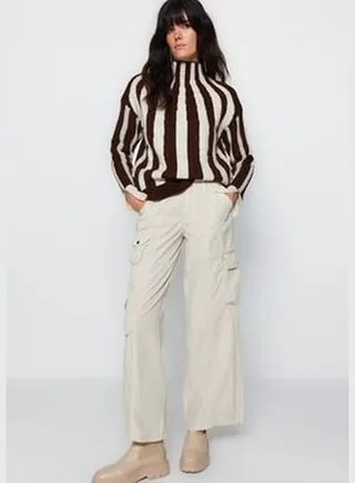 Brown Soft Textured Standing Collar Striped Knitwear Sweater TWOAW24KZ00531