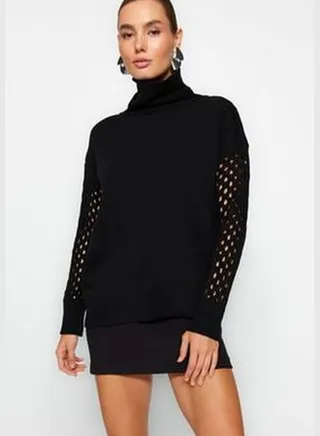 Black Turtleneck Sleeve Detailed Knitwear Sweater TWOAW24KZ01088
