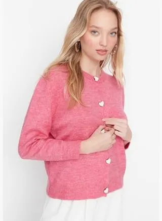 Pink Soft Textured Knitwear Cardigan with Jewel Buttons TWOAW22HI0044