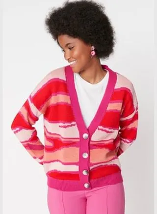Fuchsia Oversize Color Block Knitwear Cardigan TWOAW23HI00215