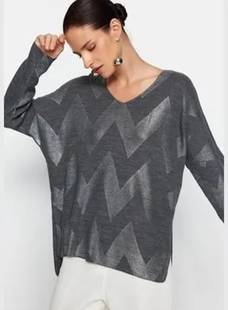 Anthracite Foil Printed Knitwear Sweater TWOAW24KZ00686