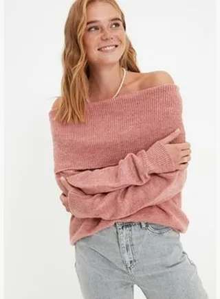 Dried Rose Soft Textured Carmen Collar Knitwear Sweater TWOAW20KZ1519