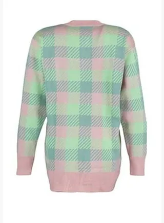 Pink Green Checkered Striped Shiny Buttons Knitwear Cardigan TCTAW23TH0009