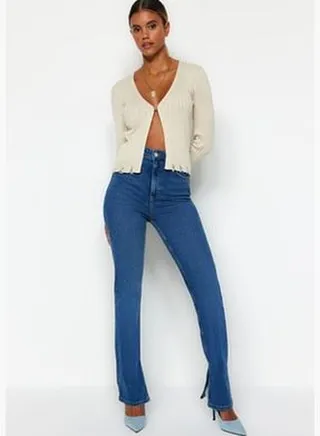 Dark Blue Slit Super High Waist Slim Flare Jeans TWOSS22JE0643
