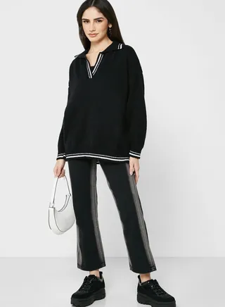 Contrast Side Stripe Wide Leg Jeans