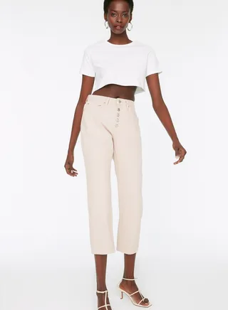 Button Detail High Waist Mom Jeans