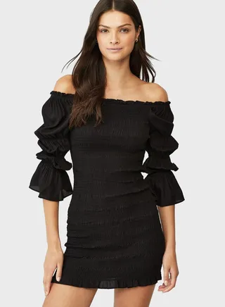 Shirred Long Sleeves Mini Dress
