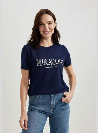 Woman Crew Neck Knitted Short Sleeve T-Shirt