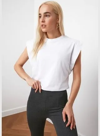 White 100% Cotton Padded Basic Crew Neck Knitted T-Shirt TWOSS20TS0021