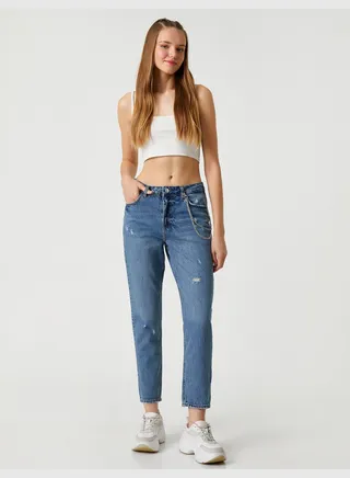 High Waist Chain Detail Slimmer Leg Denim Trousers - Mom Jean