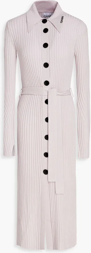 Belted ribbed merino wool midi dress