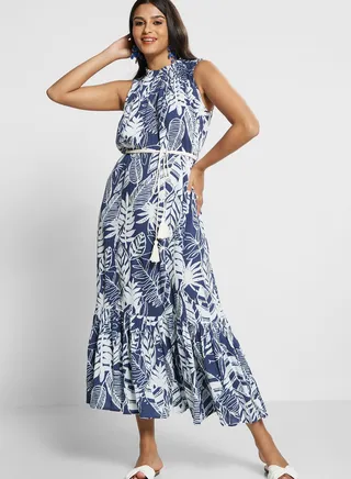 Belted Tiered Floral Print Dress