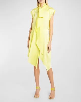 Tie-Neck Short Dress with Handkerchief Hem