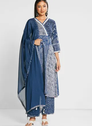 Printed V-Neck Kurti & Dupatta Set