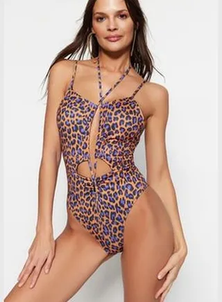 Animal Print Deep V-Neck Cut Out/Windowed High Leg Swimsuit TBESS23MA00038