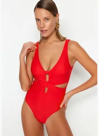 Red Deep-necked Cut Out/Windowed Regular Leg Swimsuit TBESS20MA0292