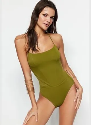 Khaki Square Collar Contrasting Normal Leg Swimsuit TBESS23MA00157