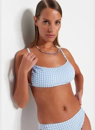 Blue Gingham Textured Strapless Tunnel Bikini Top TBESS23BU00144