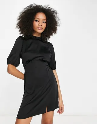 ASOS DESIGN high neck puff sleeve mini satin dress in black