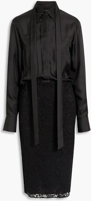 Corded lace-paneled silk-twill shirt dress