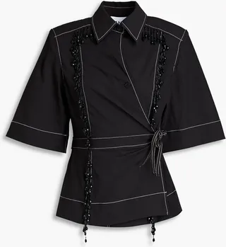Embellished cotton-blend crepe wrap blouse