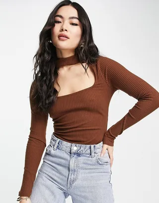 ASOS DESIGN choker neck long sleeve bodysuit in chocolate
