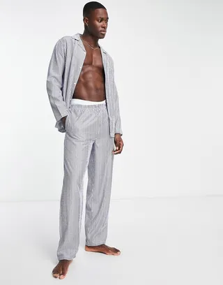 ASOS DESIGN woven pajama set with long sleeve shirt and pants in blue stripe