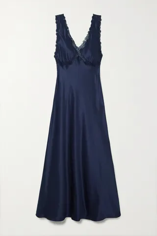 Loretta Caponi - + Net Sustain Albina Corded Lace-trimmed Silk-satin Chemise - Blue