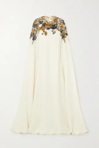 Oscar de la Renta - Embellished Cape-effect Tulle-trimmed Silk Kaftan - Ivory