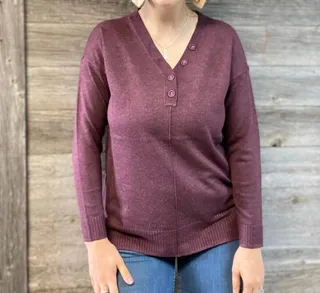 Tribal Long Sleeve V-Neck Henley Sweater In Egg Plant